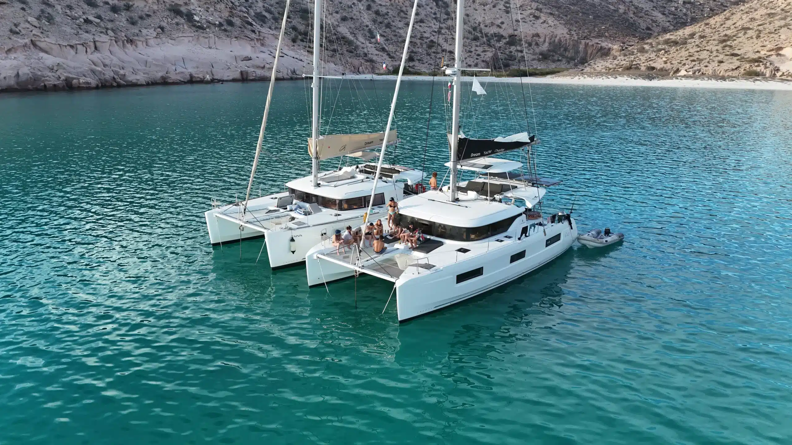 Luxury yacht sailing in crystal clear turquoise waters of Sea of Cortez, Baja California