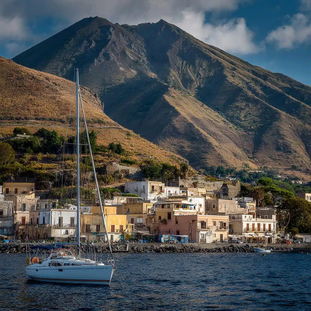 Traditional Sicilian coastal village with sailing yacht in foreground