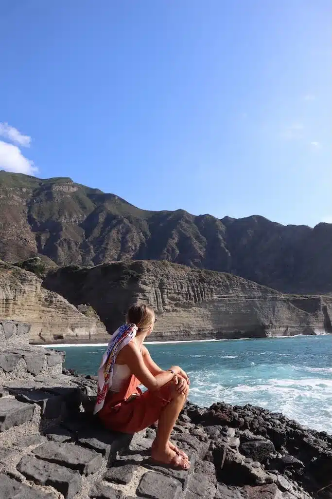 Sailing yacht with Stromboli volcano in the background, Aeolian Islands Sicily